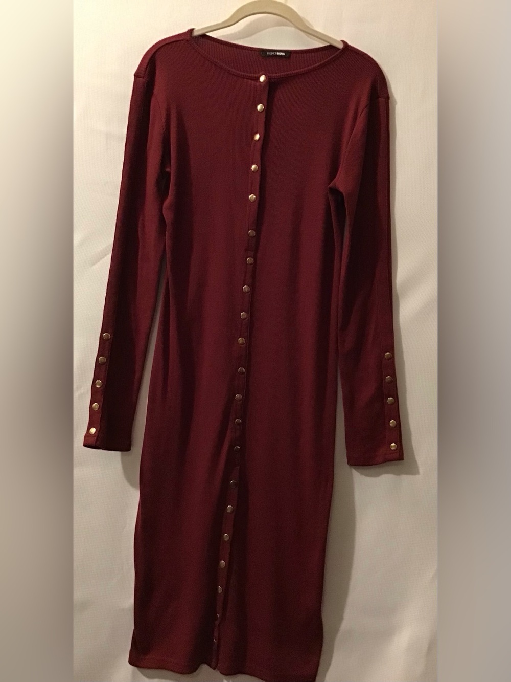 558 Fashion Nova Burgundy Long-Sleeve Button-Down Midi Dress